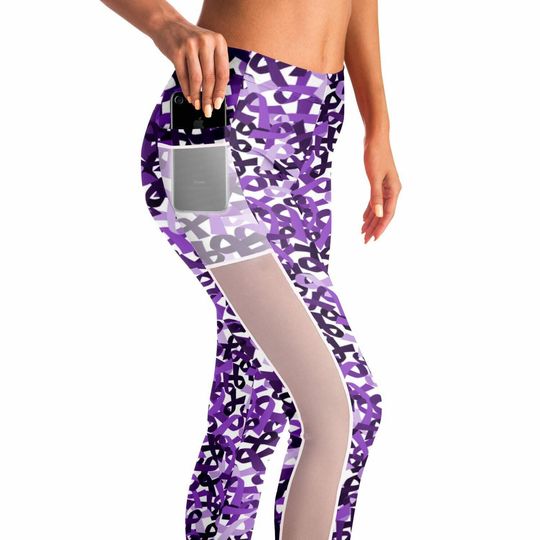 Purple Ribbon Mesh Pocket Leggings | Pancreatic Cancer Awareness | Cancer Run 5K | Fuck Cancer | Testicular Cancer Awareness
