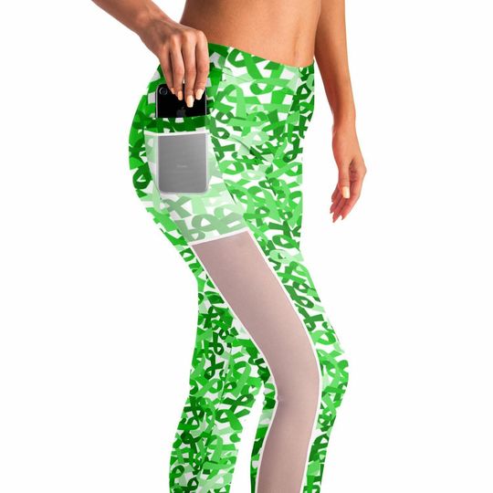 Lime Green Ribbon Mesh Pocket Leggings | Lymphoma Cancer Awareness | Cancer Run 5K | Fuck Cancer | Liver Cancer Awareness