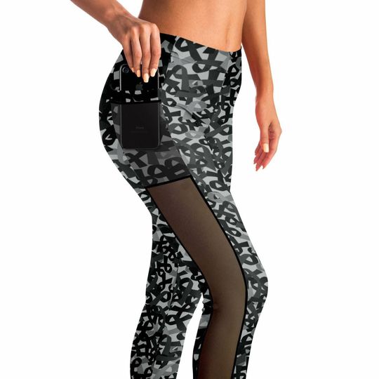 Black Ribbon Mesh Pocket Leggings | Skin Cancer Awareness | Cancer Run 5K | Fuck Cancer | Black Cancer Ribbon Leggings | Pocket Leggings