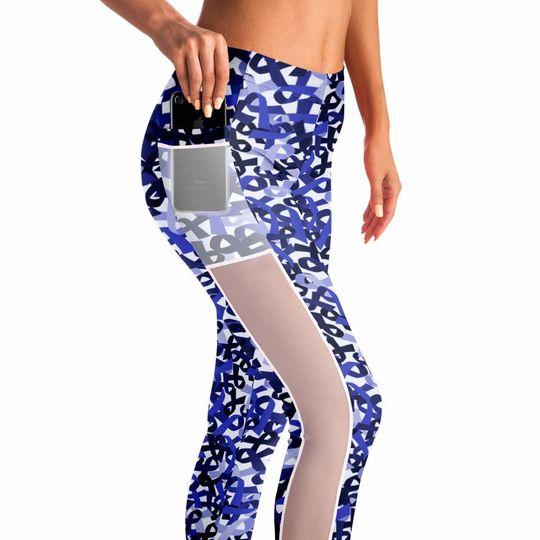 Blue Ribbon Mesh Pocket Leggings | Prostate Cancer Awareness | Cancer Run 5K | Fuck Cancer | Colon Cancer Awareness | Cancer Walk Leggings