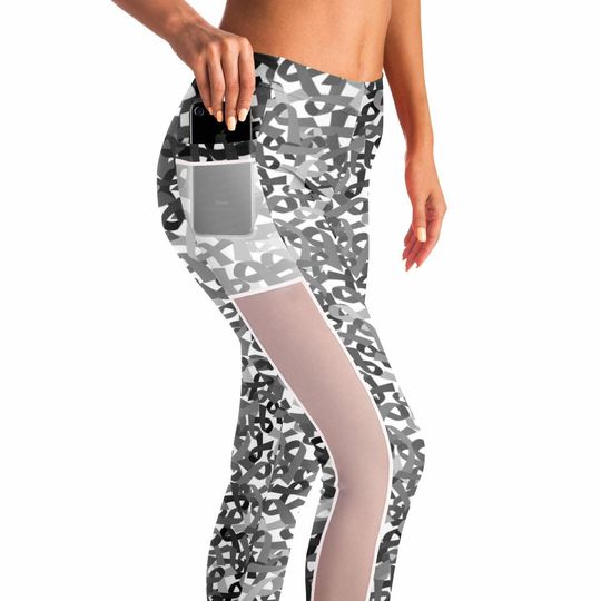 Gray Ribbon Mesh Pocket Leggings | Brain Cancer Awareness | Cancer Run 5K | Fuck Cancer | Grey Cancer Ribbon Leggings | Pocket Leggings
