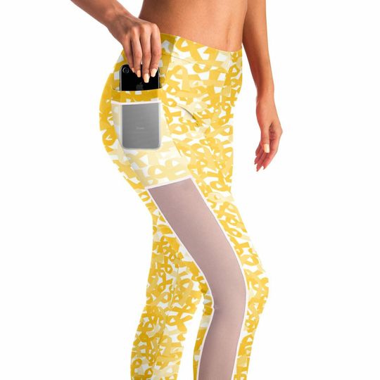 Gold Ribbon Mesh Pocket Leggings | Childhood Cancer Awareness | Cancer Run 5K | Fuck Cancer | Child Cancer Awareness | Cancer Walk Leggings