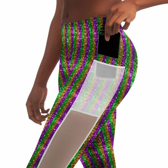 Mardi Gras Mesh Pocket Leggings | Mardi Gras Glitter Print | Leggings with pockets | Mardi Gras Race | Comfy Mardi Gras Outfit | New Orleans