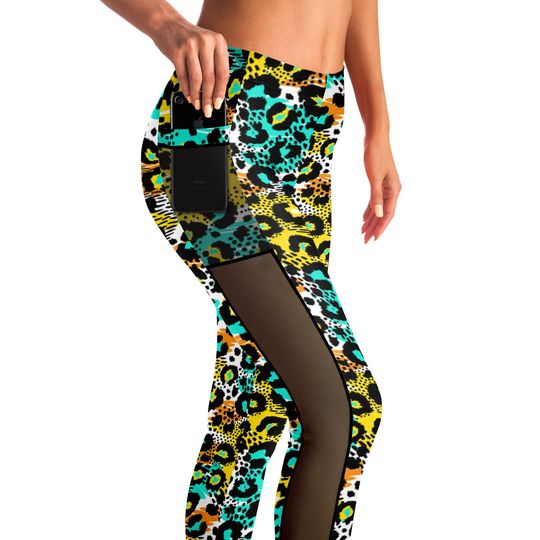Colorful Leopard Mesh Pocket Leggings | Unique Leggings | Pocket Leggings | Leopard Print Leggings