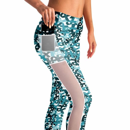 Teal Ribbon Mesh Pocket Leggings | Ovarian Cancer Awareness | Cancer Run 5K | Fuck Cancer | Cervical Cancer Awareness | Cancer Walk Leggings