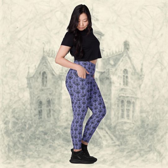 Haunted Mansion Wallpaper Inspired Women's Pocket Leggings | Theme Park Running, Bounding, Halloween Party Pants