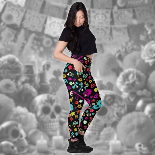 Day of the Dead Leggings | Colorful Repeating Pattern Bones, Guitars, Skulls, Flowers Costume Pocket Yoga Pants