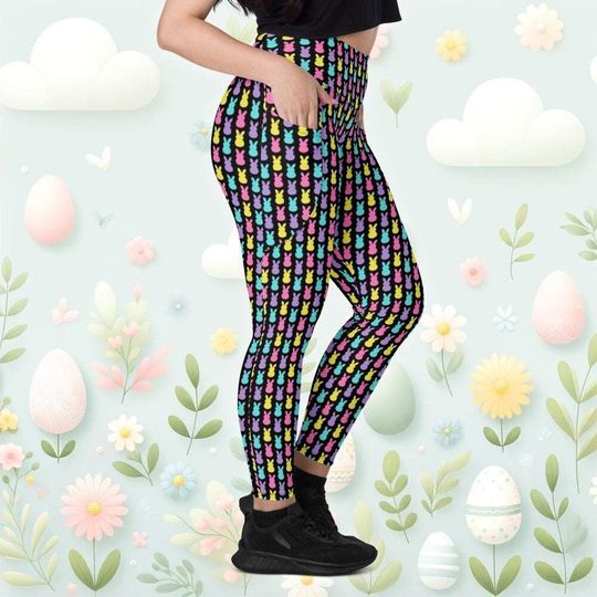 Easter Leggings | Cute Colorful Marshmallow Bunny Peep Candy Stripe Costume Pocket Leggings | Funny Easter 5K Pants