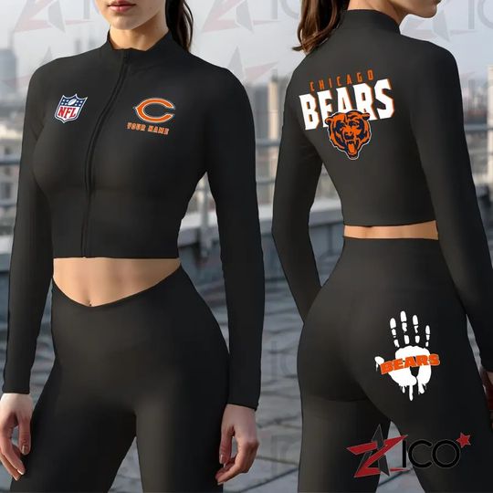 Chicago Bears Women Workout Set Zipper Long Sleeve Sport Top and Leggings