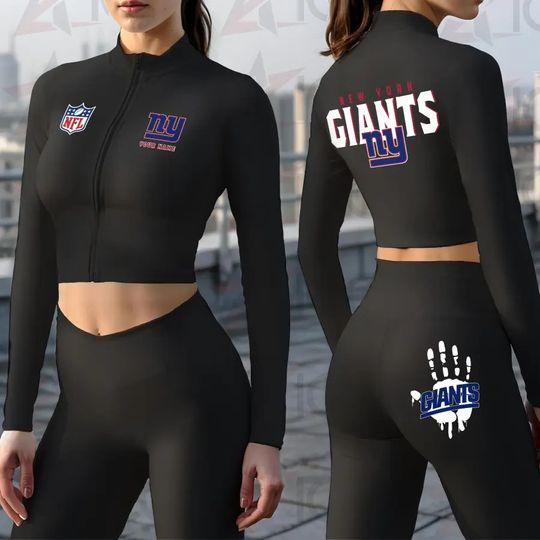New York Giants Women Workout Set Zipper Long Sleeve Sport Top and Leggings