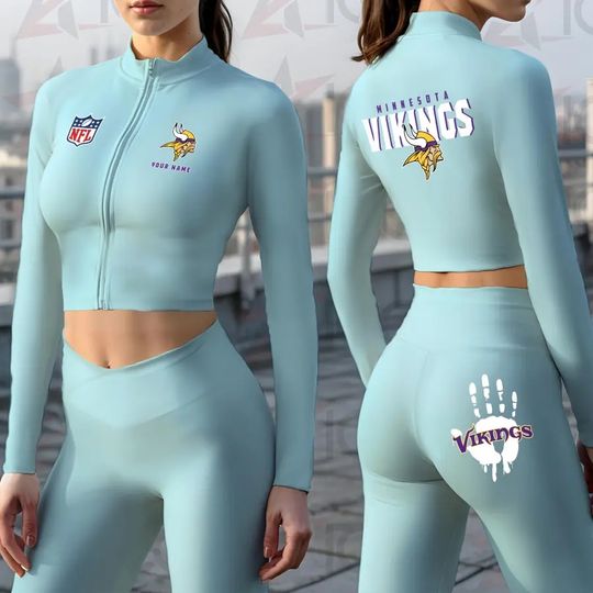 Minnesota Vikings Women Workout Set Zipper Long Sleeve Sport Top and Leggings