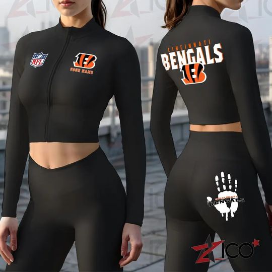 Cincinnati Bengals Women Workout Set Zipper Long Sleeve Sport Top and Leggings