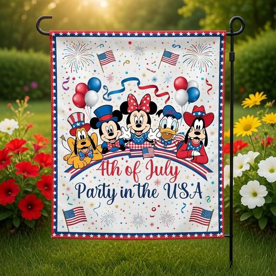 Disney 250th USA Anniversary Garden Flag, Mickey and Friends Porch Decor, 1776-2026 Patriotic Flag, Mickey Minnie Ears Semiquincentennial