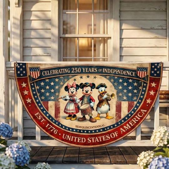 Vintage Disney US 250th Anniversary Porch Bunting, Semiquincentennial America 250 Banner, Patriotic Outdoor Decor, 250th Fence Flag