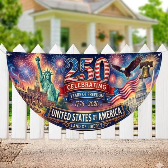 Discover USA 250th Anniversary Semicircle Fence Flag Banner, Semiquincentennial 1776-2026 Outdoor Fence Decor