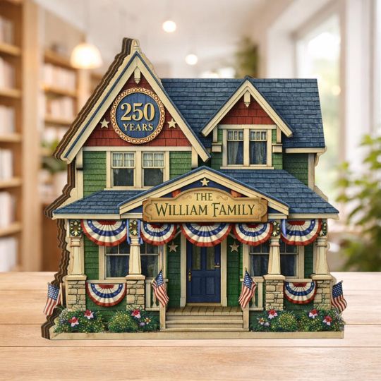 Discover America 250th Anniversary Decor Personalized House Wooden Block 1776 2026 Wooden Block Patriotic Flag Personalized Family Name House Sign