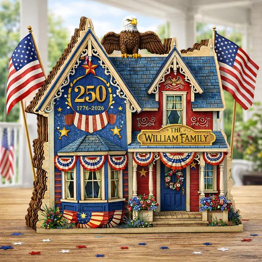 America 250th Anniversary Decor Personalized House Wooden Block 1776 2026 Wooden Block Patriotic Flag Personalized Family Name House Sign