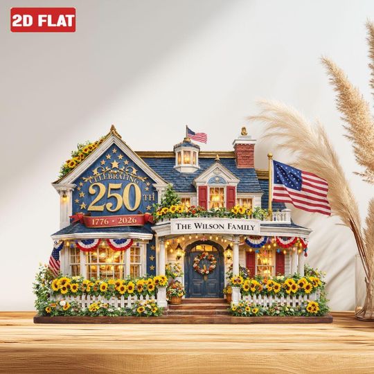 Discover Personalized House Wooden Block America 250th Anniversary Decor 1776 2026 Patriotic Flag Plaque 2D FLAT, House Sign Tabletop Decor, 4th July