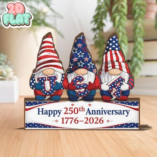 Discover USA 250th Anniversary Gnome Wooden Block, Patriotic July 4th Decor 1776-2026