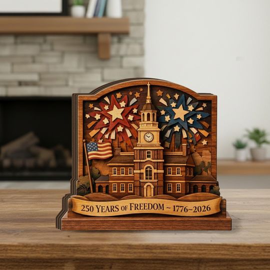 America 250 Wooden Block Decor, 17762026 Independence Hall Sign, Patriotic Fireworks Wood Plaque, 250 Years of Freedom Gift