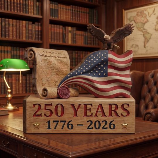 America 250th Anniversary Wood Block Sign, Patriotic USA Flag Shelf Decor, 1776-2026 Declaration of Independence Gift