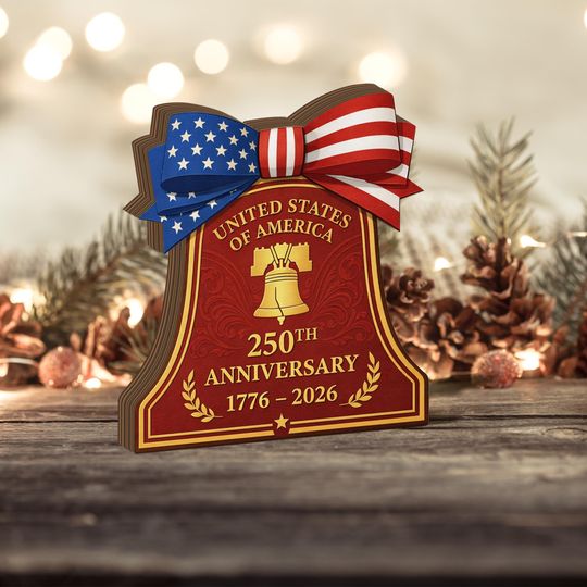 America 250 Wooden Block Sign, USA 250th Anniversary 1776-2026 Patriotic Liberty Bell Decor, Semiquincentennial Tabletop Display.