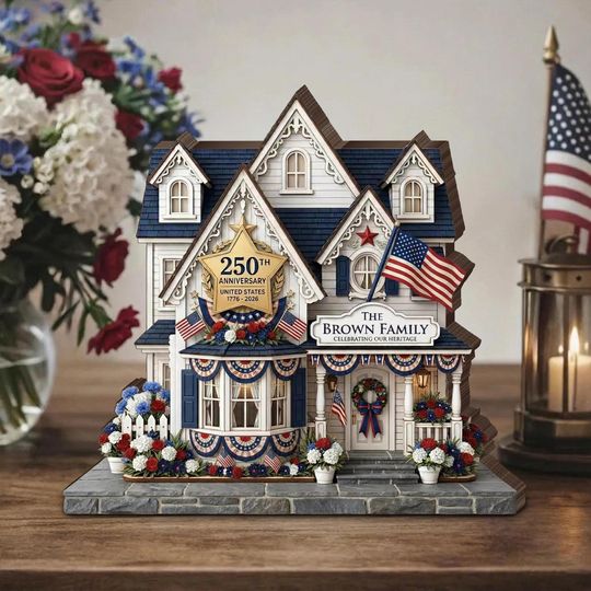 Discover Custom House Wooden 2D Flat Block USA 250th Anniversary, 1776 - 2026 Patriotic Shelf Decor, 4th of July