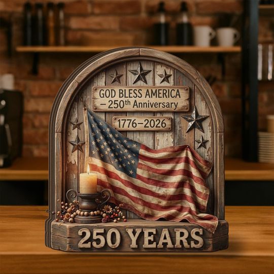 USA 250th Anniversary Wooden Block Sign: Rustic American Flag Independence Day Decor