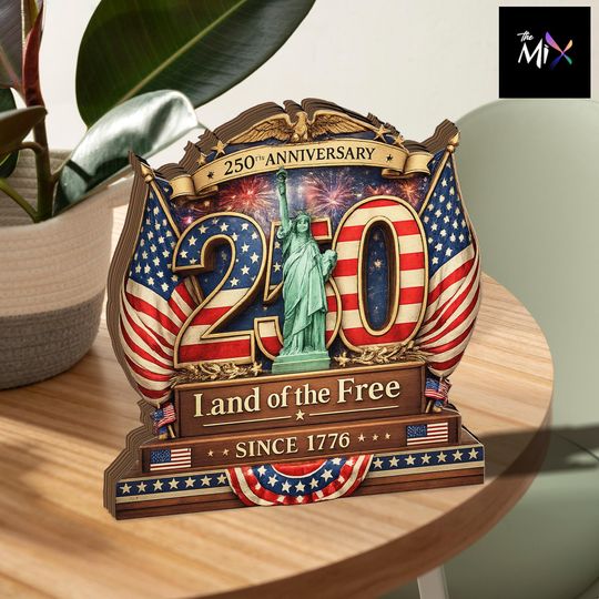 250th Anniversary Wooden Block Decor, Patriotic USA Independence Sign, Statue of Liberty Flag