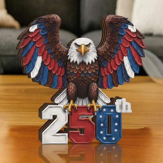 Wooden Block Decor: 250th Anniversary Eagle Display, Patriotic Tabletop Art, Red White Blue Design