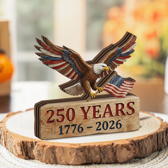 America 250 Decor, Bald Eagle Wooden Block, 1776-2026 Patriotic USA Shelf Decor, Independence Day Gift, Freedom Anniversary, Family Gift