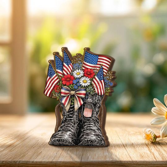 Patriotic Military Boots Wooden Block Decor, American Flag Flower Arrangement, Veteran Memorial Gift, 4th of July USA Keepsake