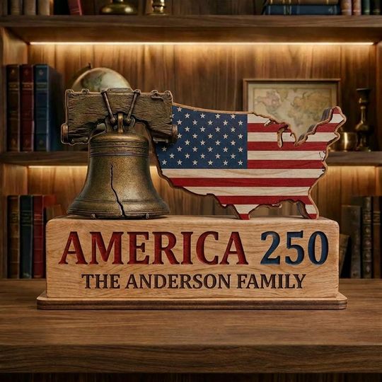Discover Personalized America 250 Wood Sign, 1776-2026 Patriotic Decor, Custom Family Name Gift, USA Flag Liberty Bell Stand, Independence Day Decor