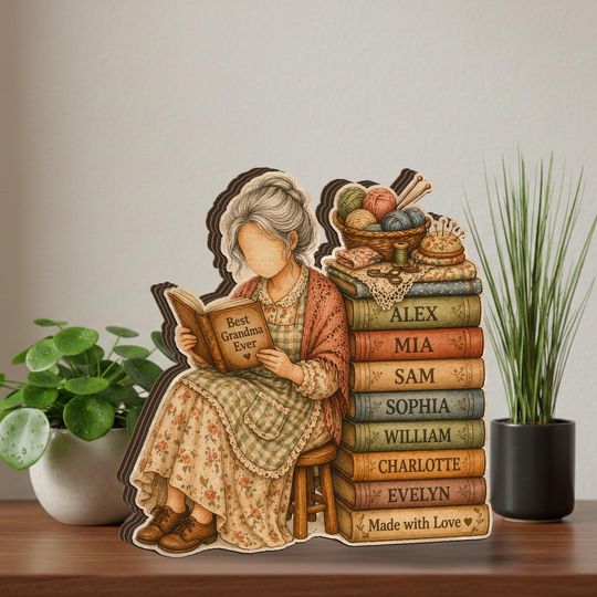 Personalized Wooden Block: Grandma Illustration with Custom Book Stack Design