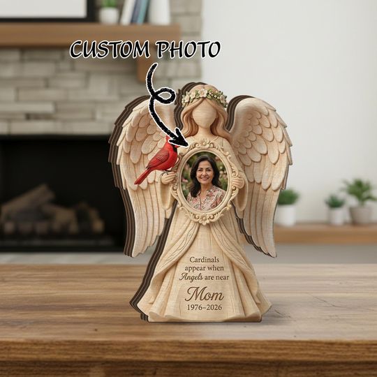 Personalized Wood Angel Plaque, Custom Photo Memorial Block, Cardinal Accent, Layered Wood Decor