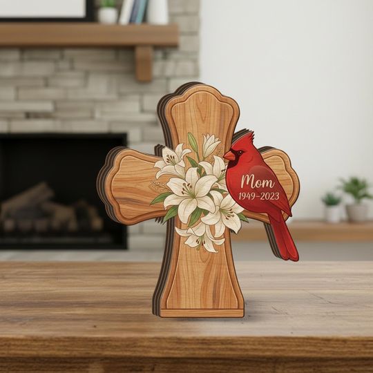 Discover Personalized Wooden Cross Block, Cardinal Memorial Table Decor, Custom Name Layered Wood Sign