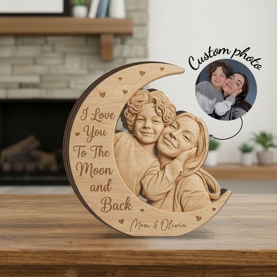 Personalized Wood Crescent Plaque, Custom Photo Block, Mother Child Portrait, Layered Wood Decor