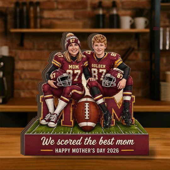 Personalized Wooden Block: Football MOM Design with Custom Illustration