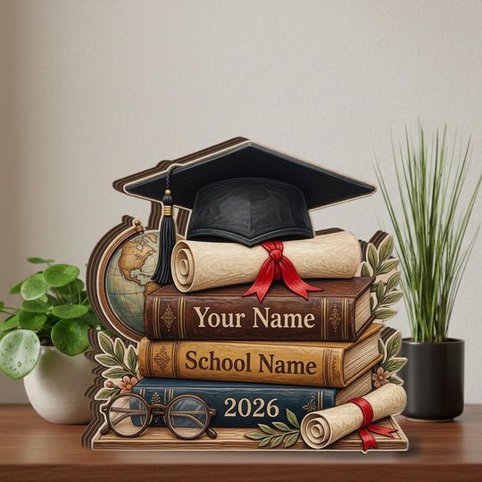 Personalized Graduation Wooden Block, Stack of Books, Cap & Diploma, 2026
