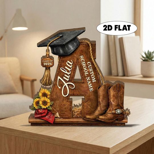 Discover Personalized Western Graduation Wooden Block, Cowboy Boots Class of 2026 Graduation Gift, College Grad Gift, Initial Graduation Wooden Sign
