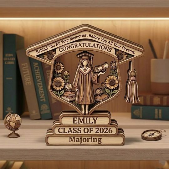 Discover Personalized Graduation Wooden Block Class of 2026, Custom Name Senior Gift, 3D Effect Printed Wood Sign, High School College Grad Gift