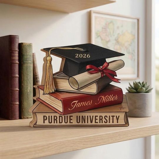 Personalized Graduation Wooden Block with Books, Custom Name Class of 2026 Gift, College Graduation Keepsake Decor, Graduate Cap Display