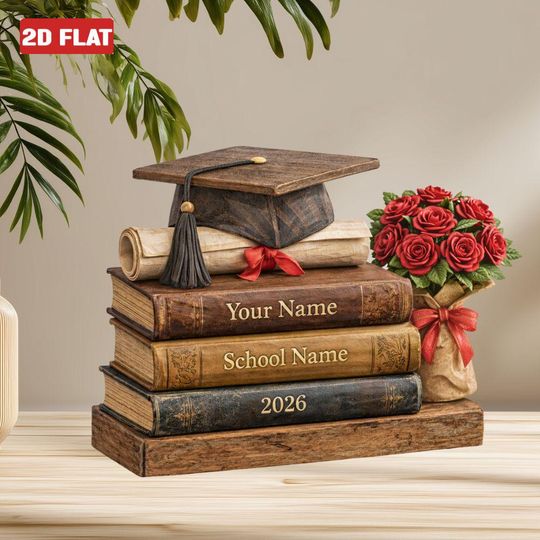 Discover Personalized Graduation Wooden Block 2D FLAT, Graduate Keepsake With Cap Roses, Senior College Class Of 2026, Custom Name School 2026 Gifts
