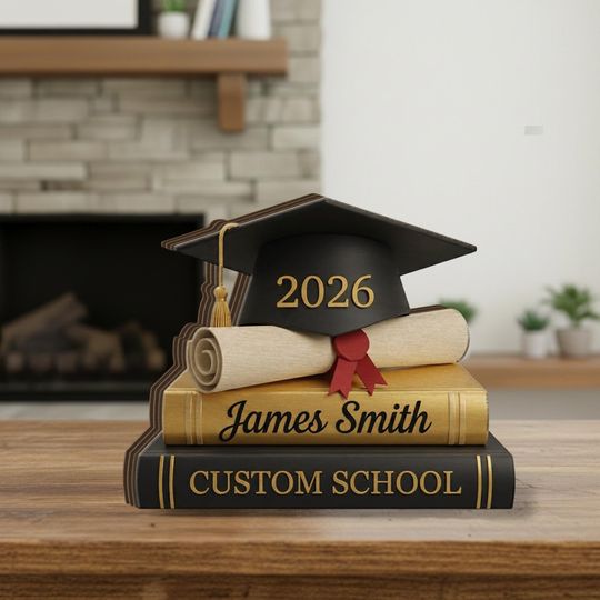Discover Personalized Wooden Graduation Block, Name Diploma Cap Display, Class Year Desk Decor