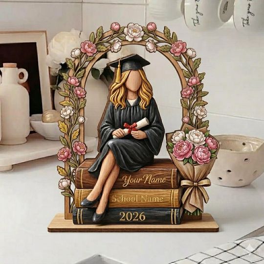 Discover Personalized Peony Graduation Gift for Her, Custom 3D Wooden Figurine Class of 2026, PhD Nursing Masters Graduate Gift, Flower Grad Standee