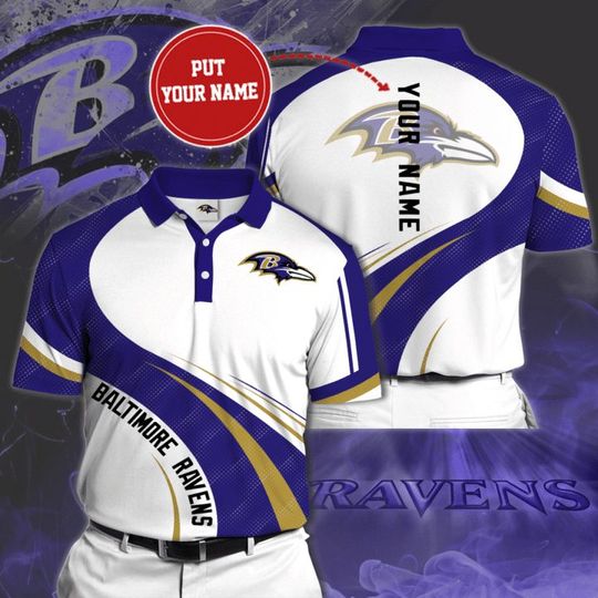 Discover football Baltimore Ravens Custom Name White Purple Polo Shirt V4