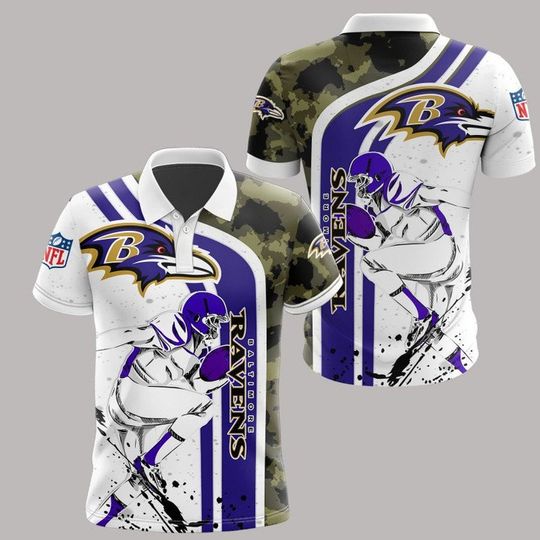 Discover football Baltimore Ravens White Purple Camo Polo Shirt