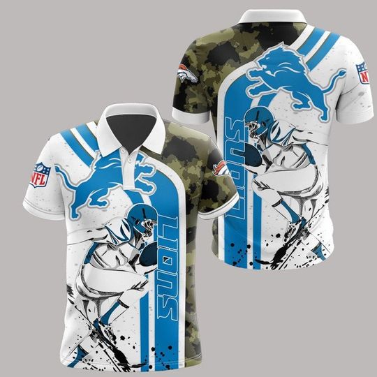 football Detroit Lionss White Blue Camo Polo Shirt
