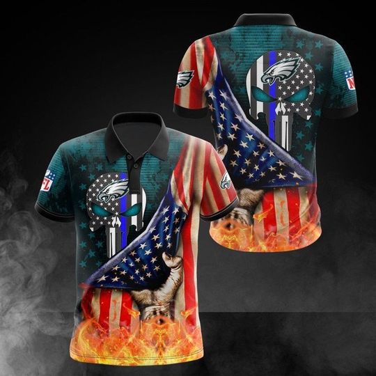 football Philadelphia Eagless American Flag Punisher Skull Polo Shirt V2