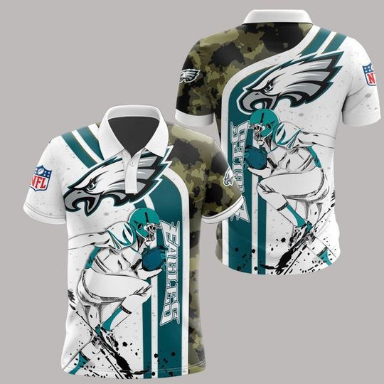 football Philadelphia Eagless White Green Camo Polo Shirt